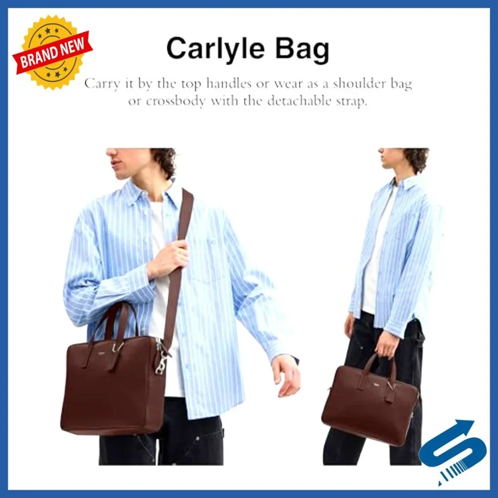 Leather Briefcase with Laptop Sleeve Detachable Strap Work Commute